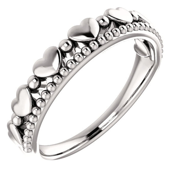 Platinum Stackable Beaded Heart Comfort-Fit Ring, Size 7.5