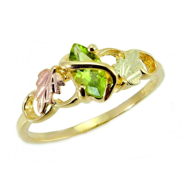 Marquise Peridot Slim Profile Ring, 10k Yellow Gold, 12k Green and Rose Gold Black Hills Gold Motif