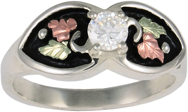 The Men's Jewelry Store (for HER) CZ Black Nephroid Ring, Sterling Silver, 12k Green and Rose Gold Black Hills Gold Motif, Size 9.25