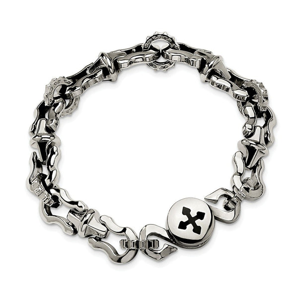 Men's Polished Stainless Steel 22mm Rubber Cross Magnetic Clasp Bracelet, 8.5"