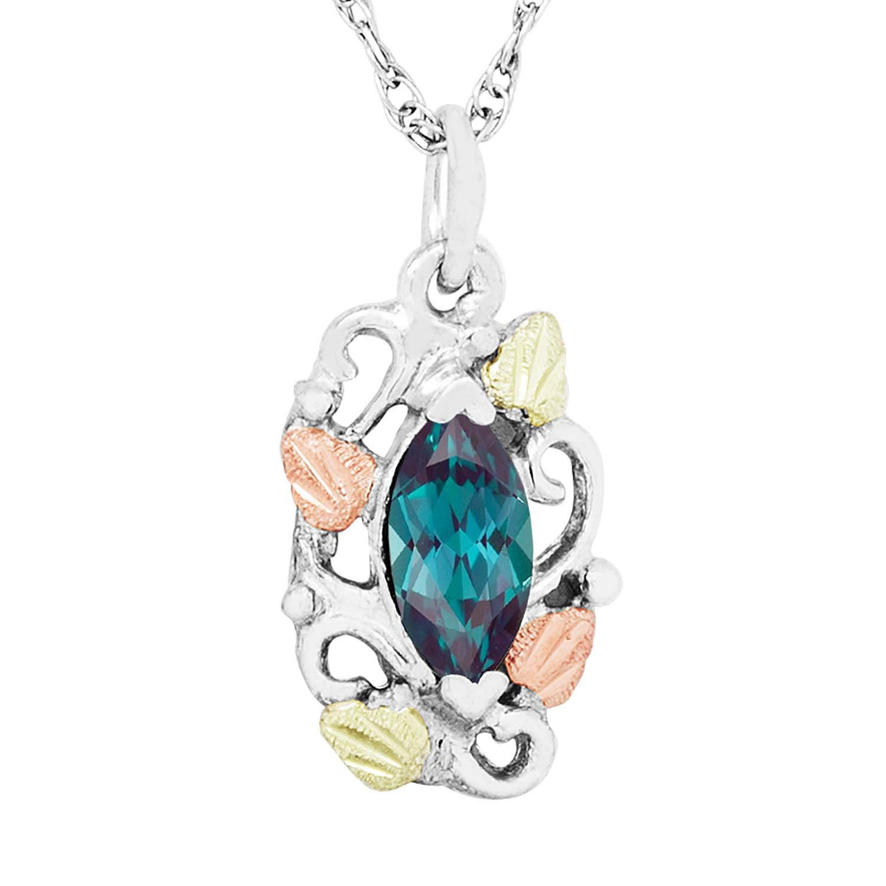 Marquise Mystic Fire Topaz Pendant Necklace, Sterling Silver, 12k Rose Gold Black Hills Gold Motif, 18''