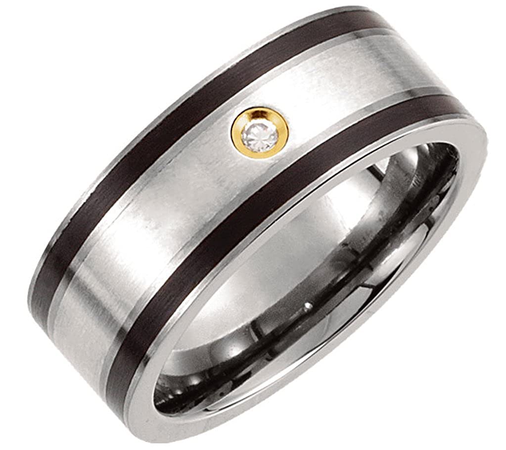 Titanium and Sterling Silver Inlay Diamond 9mm Comfort Fit Ring, Size 10