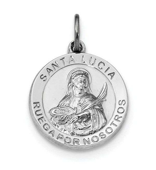 Rhodium-Plated Sterling Silver Spanish St. Lucy Medal Pendant (21X19MM)