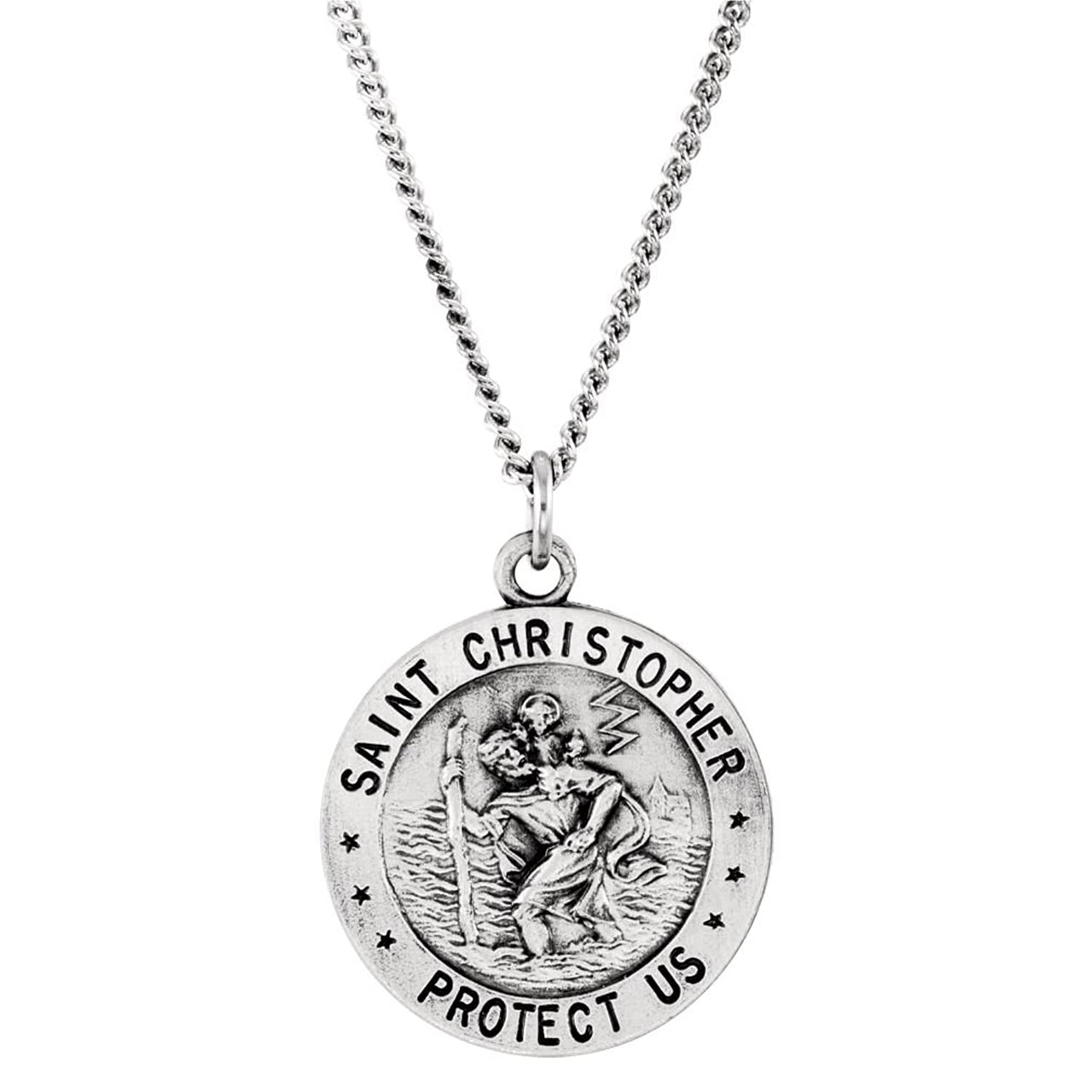 Sterling Silver Round St. Christopher U.S. Marine Corps Medal Necklace, 18" (18 MM)