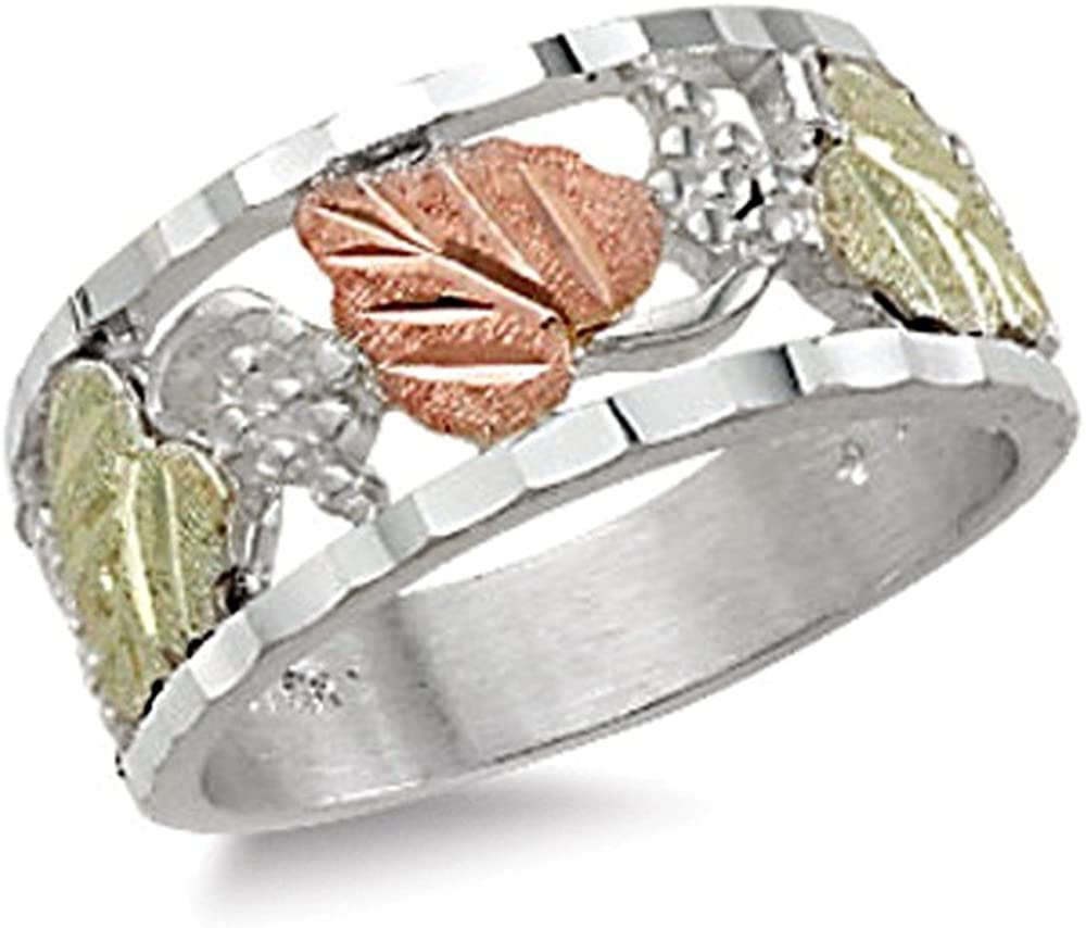 Diamond-Cut Band Ring, Sterling Silver, 12k Green and Rose Gold Black Hills Gold Motif, Size 9.75