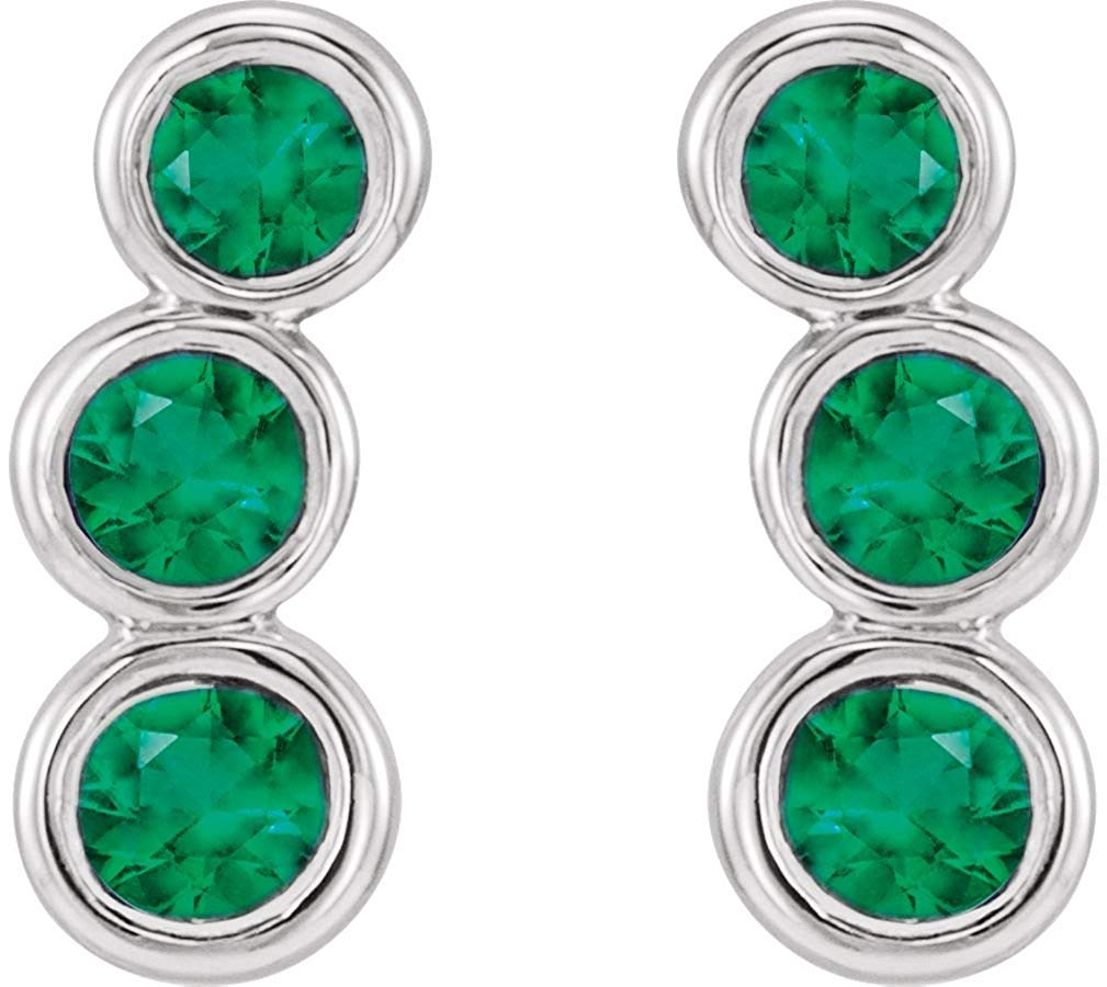 Chatham Created Emerald Three-Stone Ear Climbers, Rhodium-Plated 14k White Gold