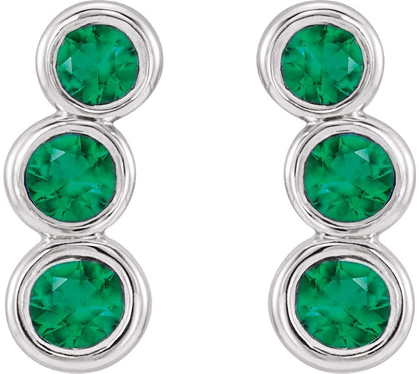 Chatham Created Emerald Three-Stone Ear Climbers, Rhodium-Plated 14k White Gold