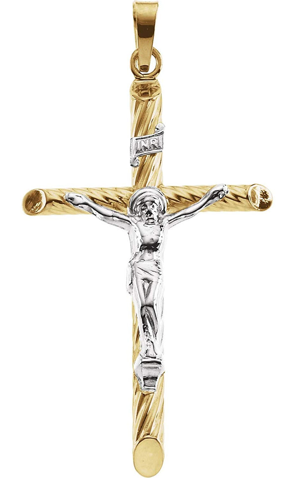 Two-Tone Hollow Tubular Crucifix 14k Yellow and White Gold Pendant (28X18MM)