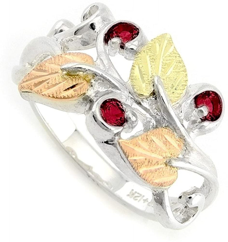 Lab Created Ruby July Birthstone Ring, Sterling Silver, 12k Green and Rose Gold Black Hills Gold Motif, Size 9.25