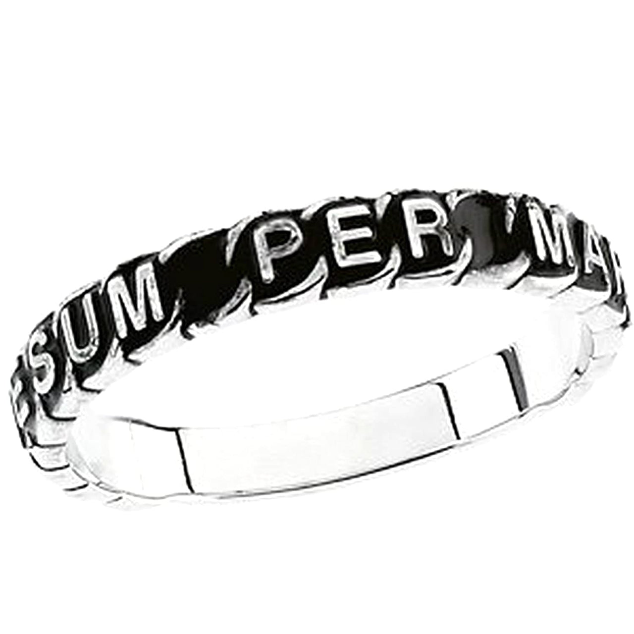 Rhodium Plated 14k White Gold 4MM Antiqued 'To Jesus through Mary' Consecration Ring