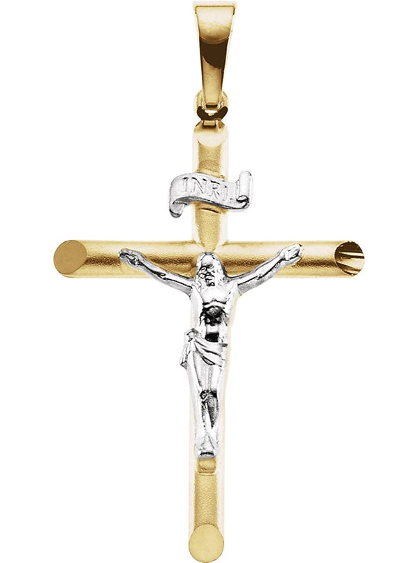 Two-Tone Beveled Crucifix 14k Yellow and White Gold Pendant (26X19MM)