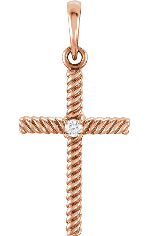 Diamond Rope-Trim Cross 14k Rose Gold Pendant (.02 Ct, G-H Color, I1 Clarity)