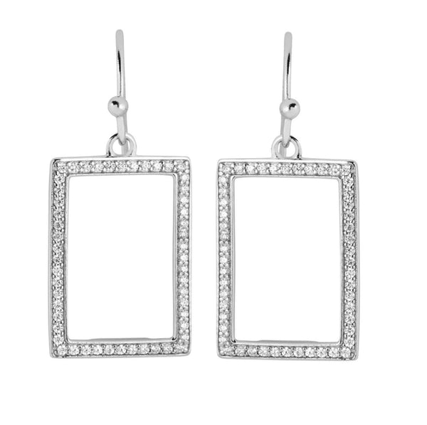 Open-Cut CZ Rectangle Rhodium Plated Sterling Silver Earrings