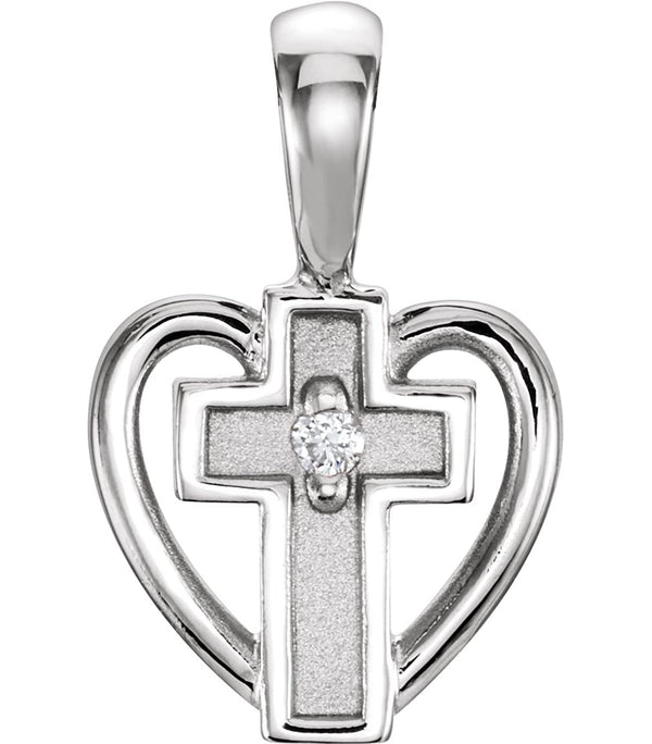 Diamond Sacred Heart Cross Rhodium-Plated 14k White Gold Pendant (.01 Ct, G-H Color,SI1 Clarity)