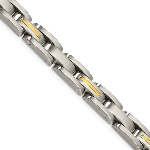 Men's Brushed Stainless Steel 14k Yellow Gold 9mm Inlay Link Bracelet, 8"