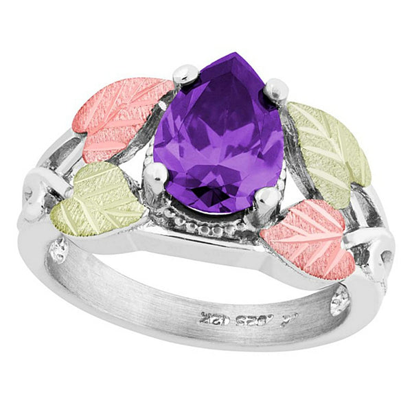 Pear Amethyst CZ Ring, Sterling Silver, 12k Green and Rose Gold Black Hills Gold Motif, Size 7.75