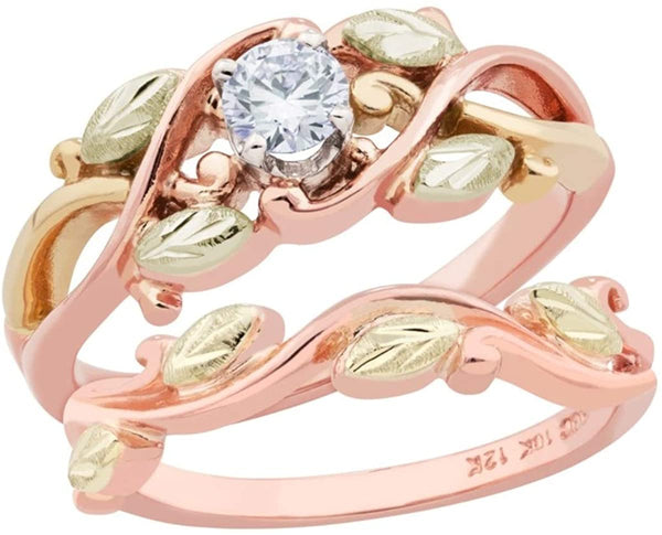 Ave 369 10k Rose and Yellow Gold, Foliage Diamond Engagement and Wedding Ring Set, 12k Green Gold Black Hills Gold