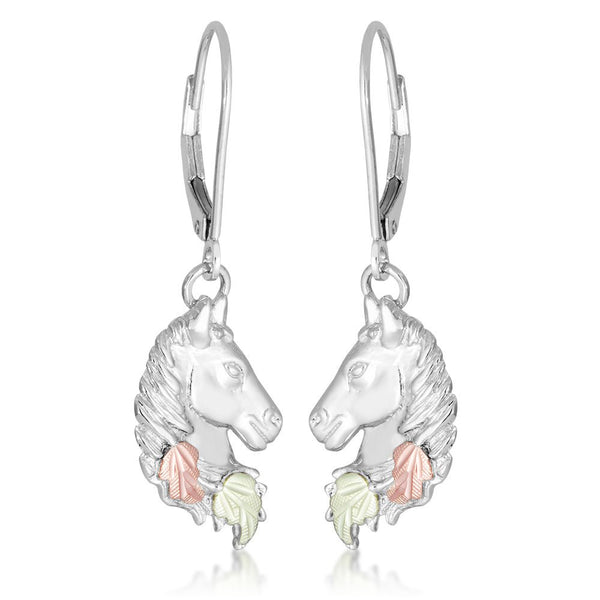 High Polish Horse Head Earrings, Sterling Silver, 12k Green and Rose Gold Black Hills Gold Motif