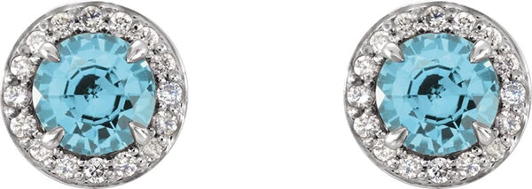 Blue-Zircon and Diamond Halo-Style Earrings, 14k White Gold (4 MM) (.16 Ctw, G-H Color, I1 Clarity)