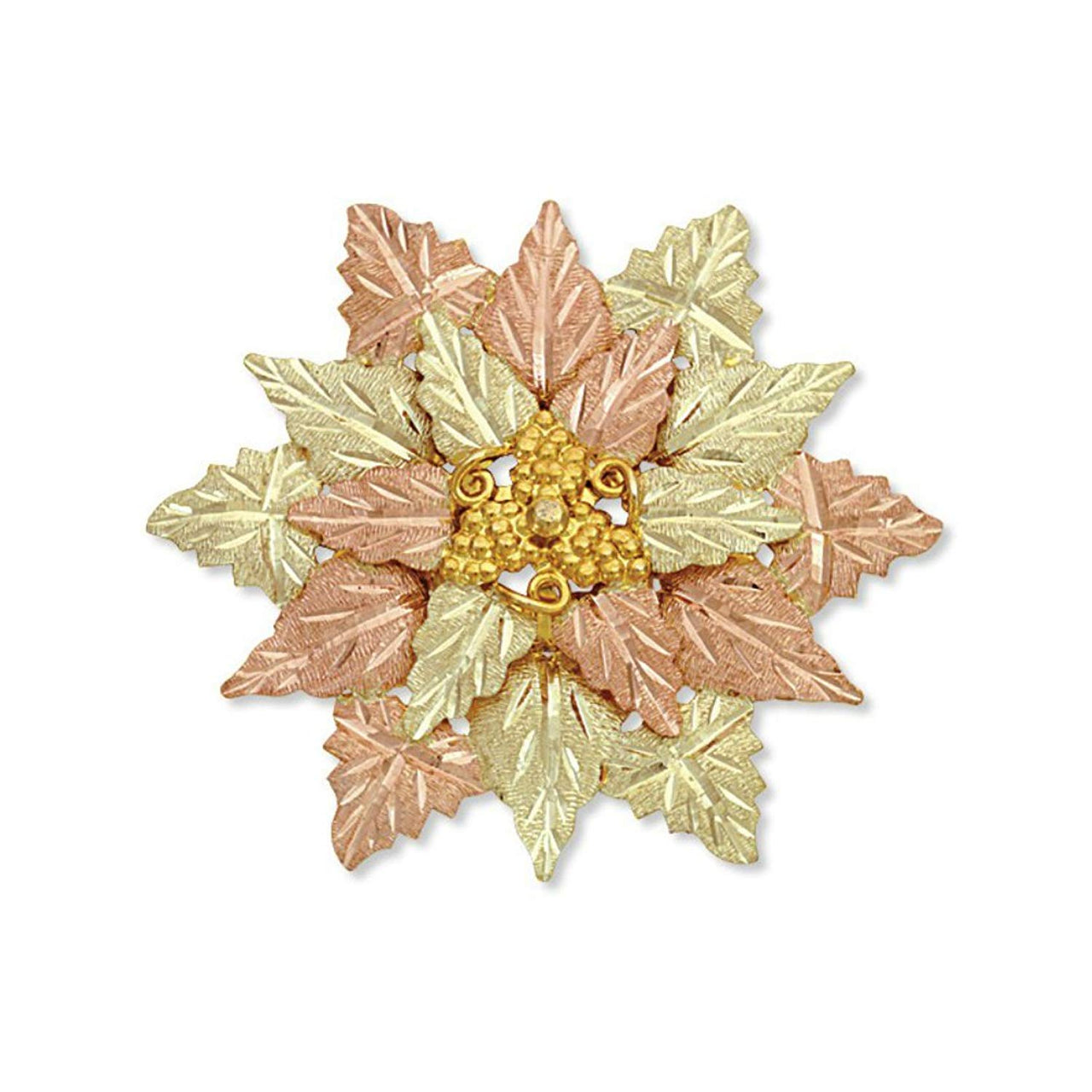 Diamond-Cut Brooch Pendant and Leaves Cluster, 10k Yellow Gold, 12k Green and Rose Gold Black Hills Gold Motif