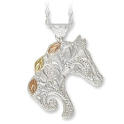 Filigree Horse head Pendant Necklace, Sterling Silver, 12k Green and Rose Gold Black Hills Gold Motif, 18''