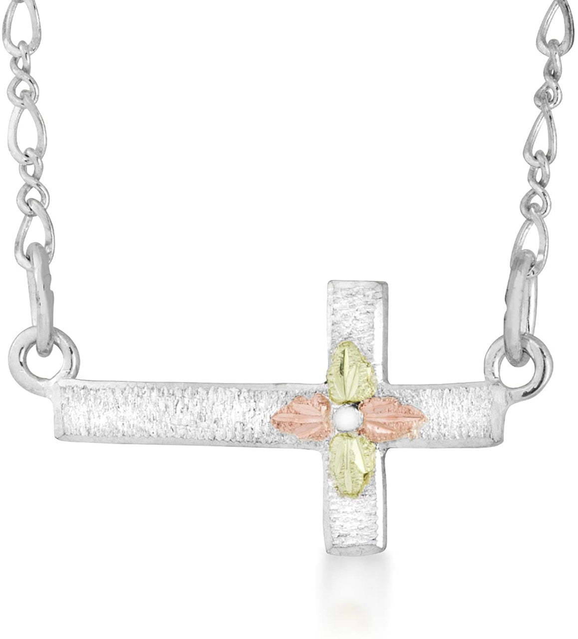 Sideways Cross Pendent Necklace, Sterling Silver, 12k Green and Rose Gold Black Hills Gold Motif, 18"