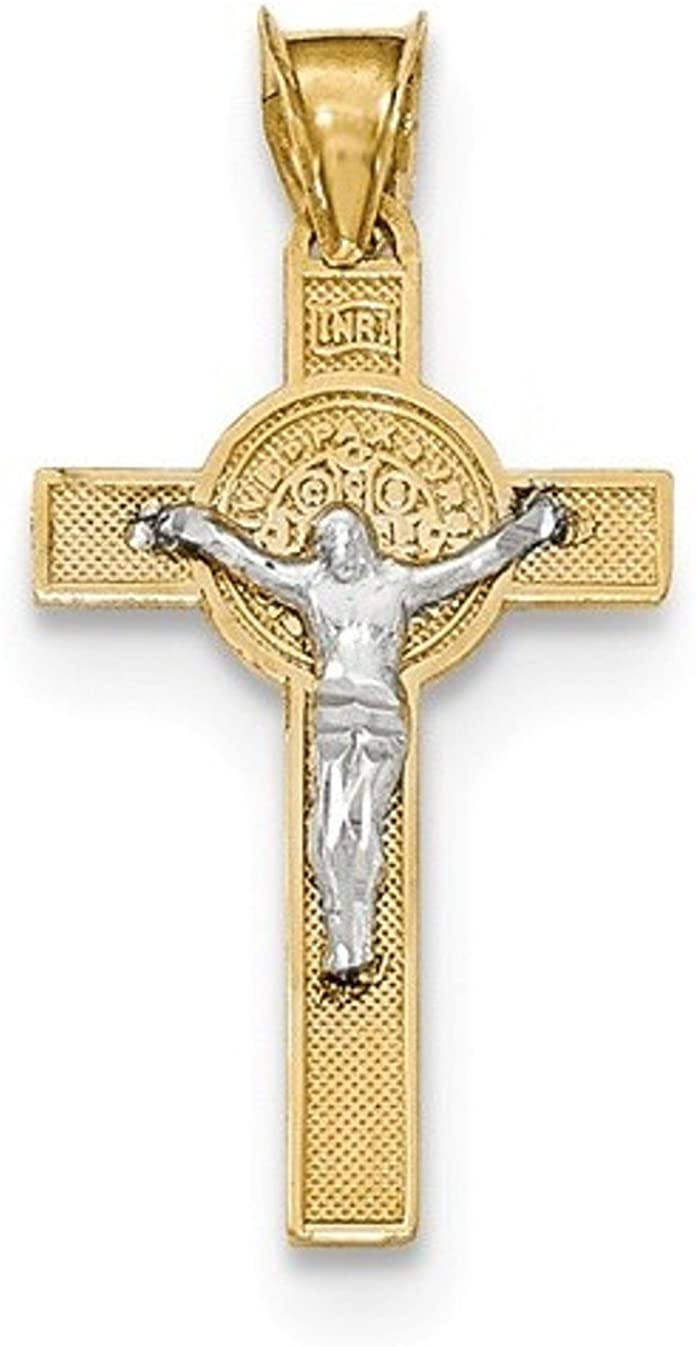 Rhodium-Plated 14k Yellow and White Gold Two-tone St. Benedict Medal Crucifix Cross Pendant(24.89X18.03MM)