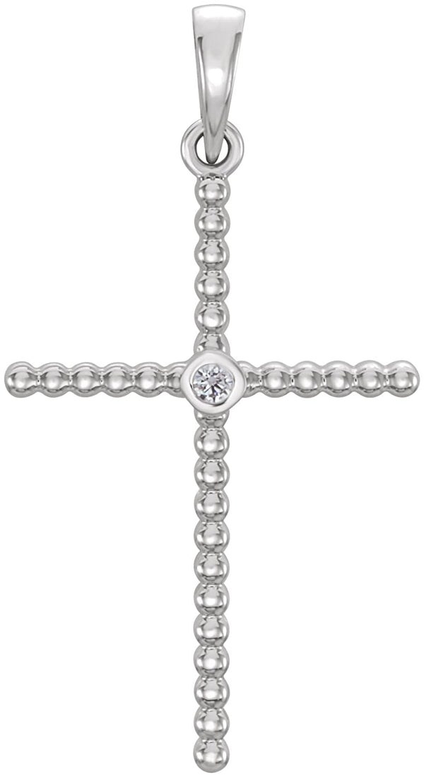 Diamond Beaded Cross Rhodium-Plated 14k White Gold Pendant (.03 Ct, G-H Color, I1 Clarity)