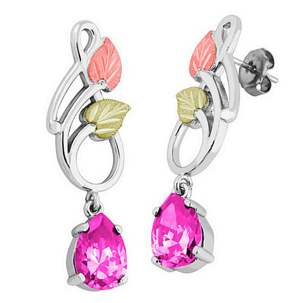 Pear Pink CZ Dangle Earrings, Sterling Silver, 12k Green and Rose Gold Black Hills Gold Motif
