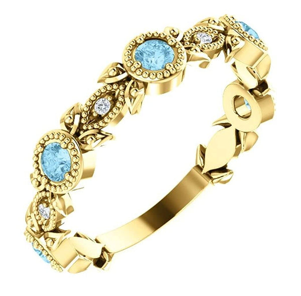 Aquamarine and Diamond Vintage-Style Ring, 14k Yellow Gold (0.03 Ctw, G-H Color, I1 Clarity)