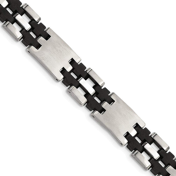 Men's Brushed Stainless Steel 13mm Black Rubber Bracelet, 8.75 "
