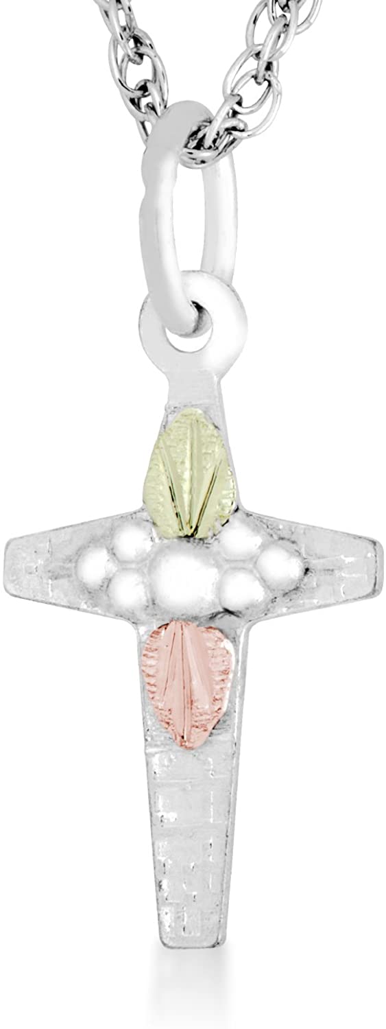 Petite Cross Pendant Necklace, Sterling Silver, 12k Green and Rose Gold Black Hills Gold Motif, 18"