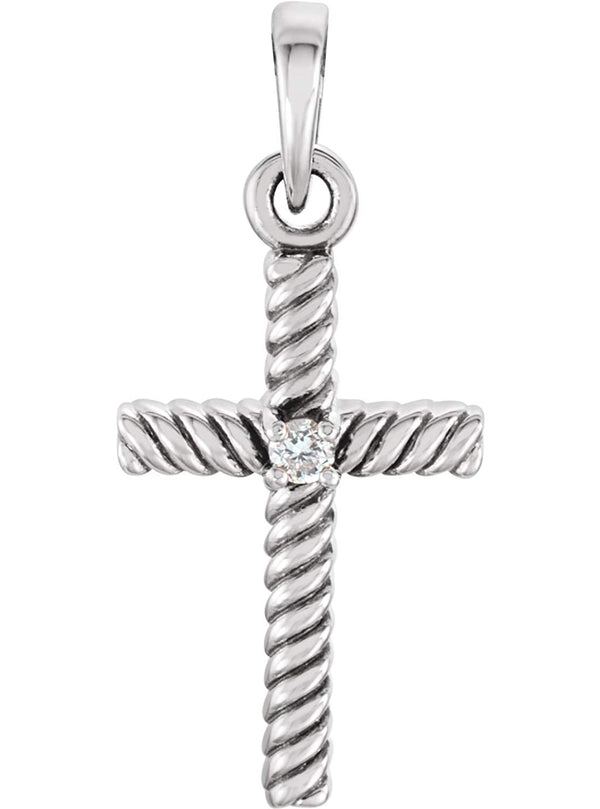 Diamond Rope-Trim Cross Rhodium-Plated 14k White Gold Pendant (.015 Ct, G-H Color, I1 Clarity)