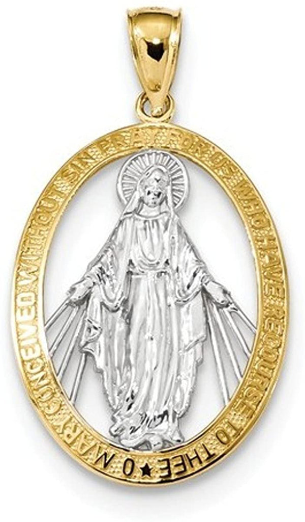 Rhodium-Plated 14k White and Yellow Gold Miraculous Medal Pendant (25.5X19MM)