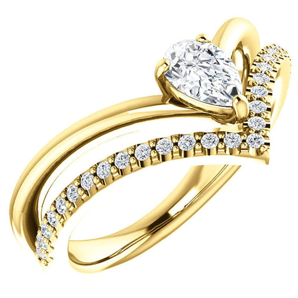 White Sapphire Pear and Diamond Chevron 14k Yellow Gold Ring (.145 Ctw,G-H Color, I1 Clarity)