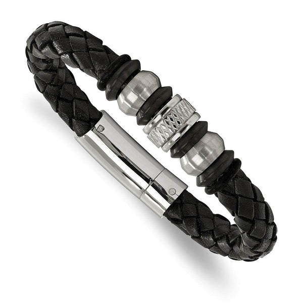 Men's Brushed Stainless Steel Black Leather Black IP-Plated Black Rubber Bracelet, 8.5"
