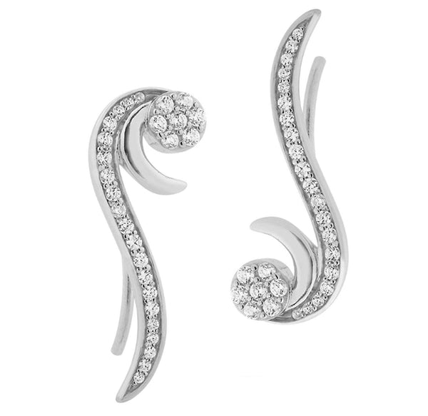 CZ Curved Rhodium Plated Sterling Silver Ear Climber Earrings