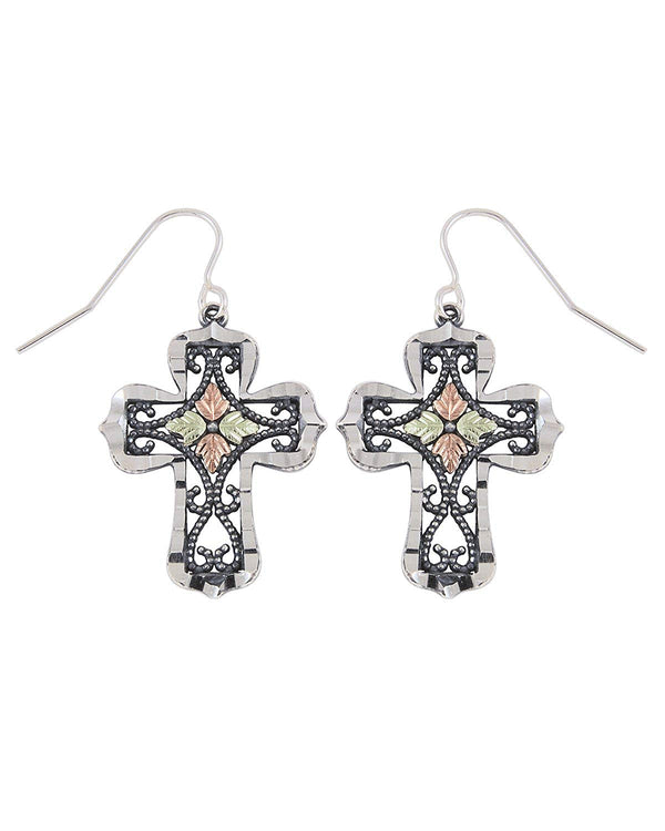 Granulated Bead Scroll Oxidized Cross Earrings, Sterling Silver, 12k Green and Rose Gold Black Hills Gold Motif