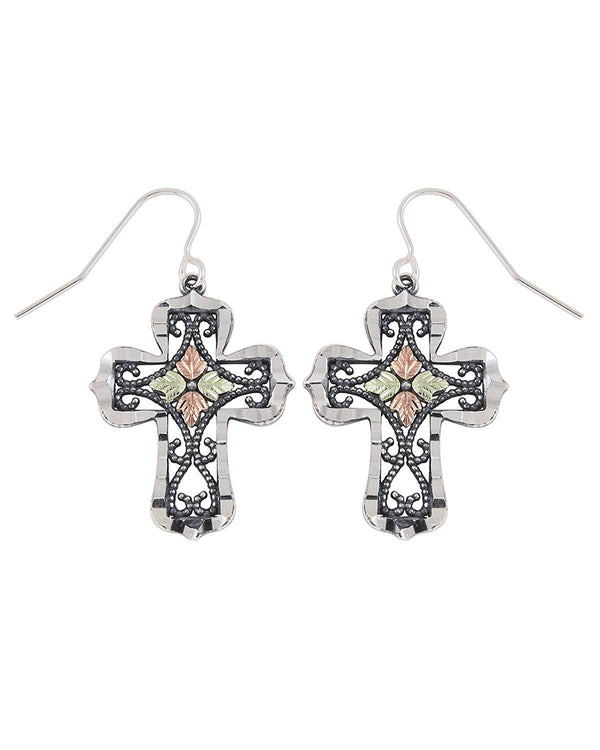 Granulated Bead Scroll Oxidized Cross Earrings, Sterling Silver, 12k Green and Rose Gold Black Hills Gold Motif