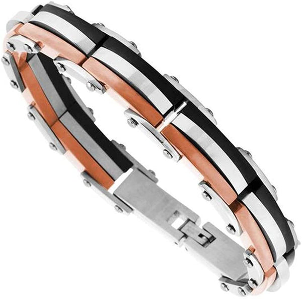 Men's Tri-Color Ion Plated Link Bracelet, Stainless Steel, 8.75"