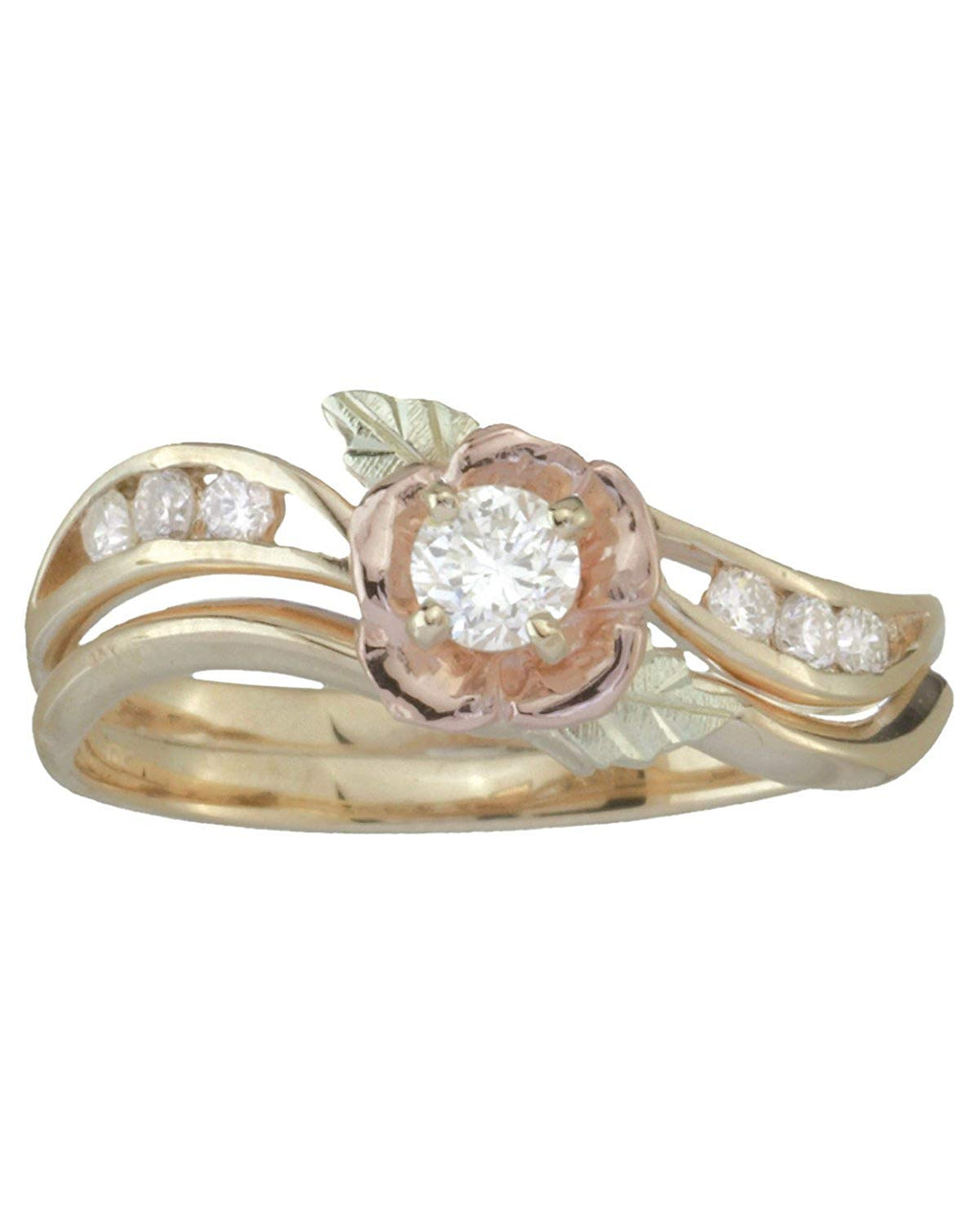 3D Diamond Rose Wedding Ring Set, 10k Yellow Gold, 12k Rose Gold, 12k Green Gold (.17 Ct KM .12 Ctw HJ, Color, I1-2 Clarity)