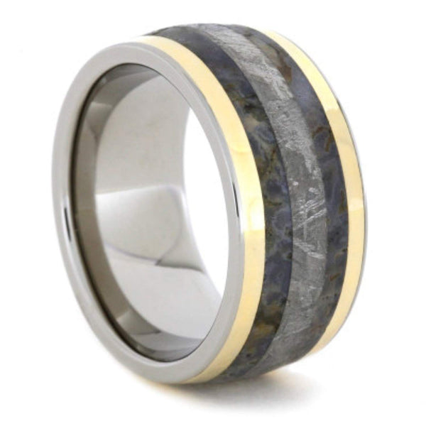 Gibeon Meteorite, Dinosaur Bone, 14K Yellow Gold 11mm Comfort-Fit Titanium Ring