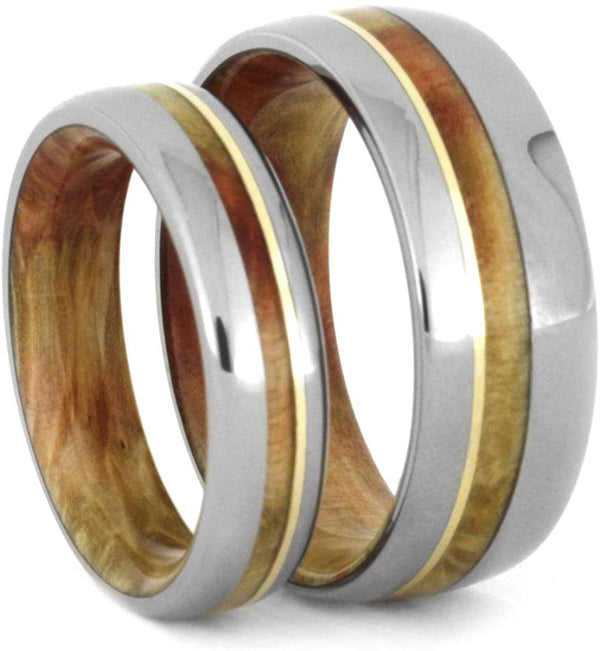Titanium, 14k Yellow Gold Stripe, Comfort-Fit Flame Box Elder Burl Wood Band, Couples Wedding Rings