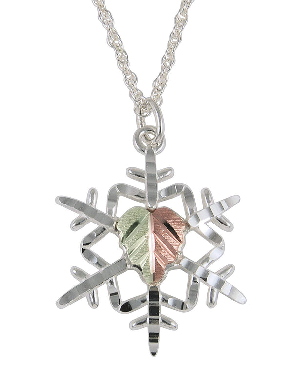 Snowflake Pendant Necklace, Sterling Silver, 12k Green and Rose Gold Black Hills Gold Motif, 18''