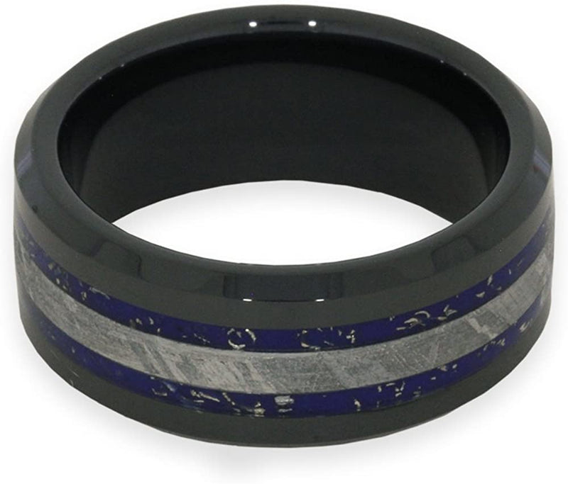 Blue and White Gold Stardust, Gibeon Meteorite 8mm Comfort-Fit Black Ceramic Wedding Band, Size 12