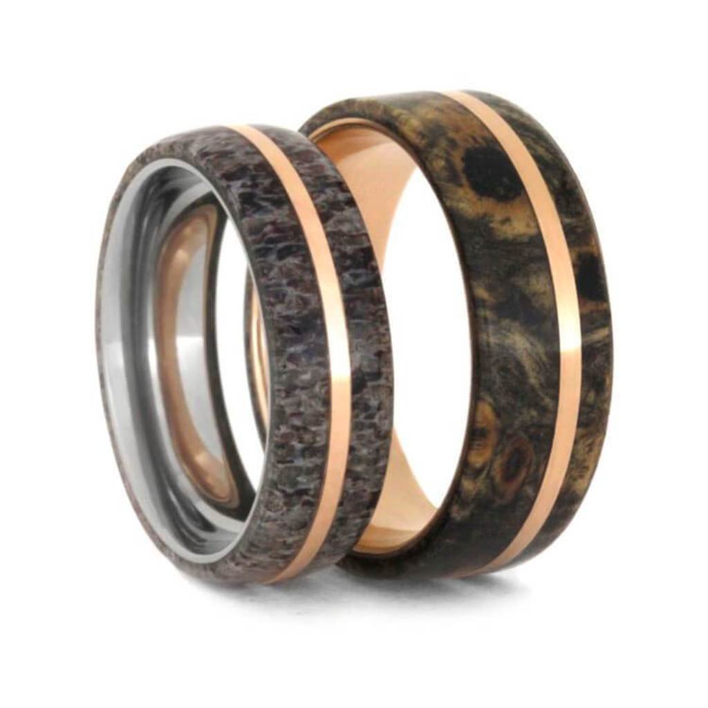 Deer Antler, Buckeye Burl, 14k Rose Gold Comfort-Fit Matte Titanium Couples Wedding Band Set