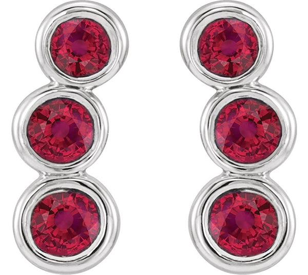 Ruby Three-Stone Ear Climbers, Rhodium-Plated 14k White Gold