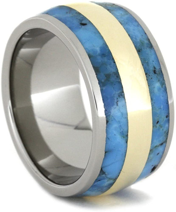Turquoise, 14k Yellow Gold Inlay 11.5mm Comfort-Fit Titanium Wedding Band, Size 8.25