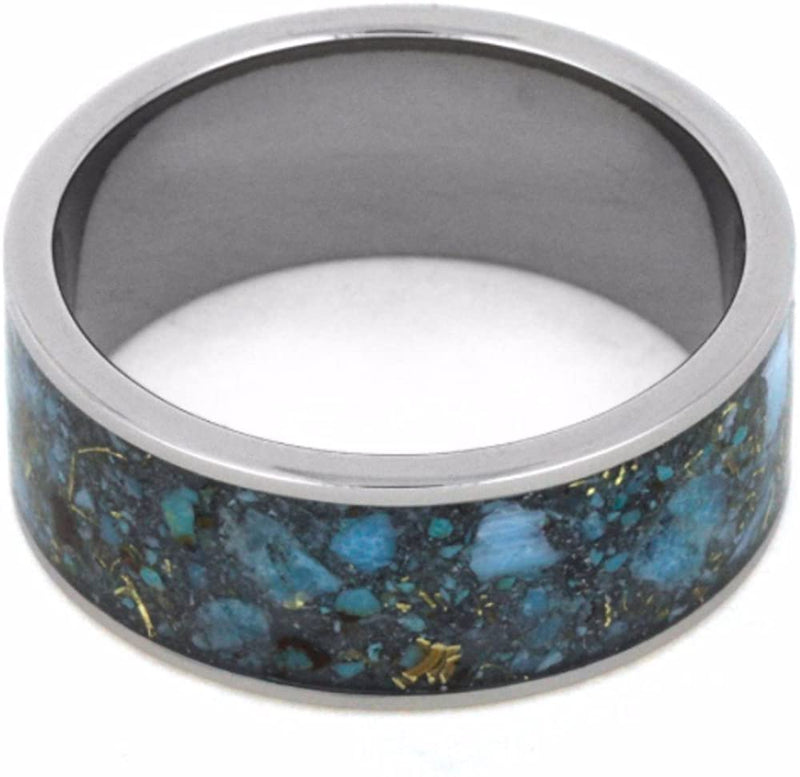 Crushed Turquoise and 14k Yellow Gold Inlay 10mm Comfort-Fit Titanium Wedding Band, Size 6.5