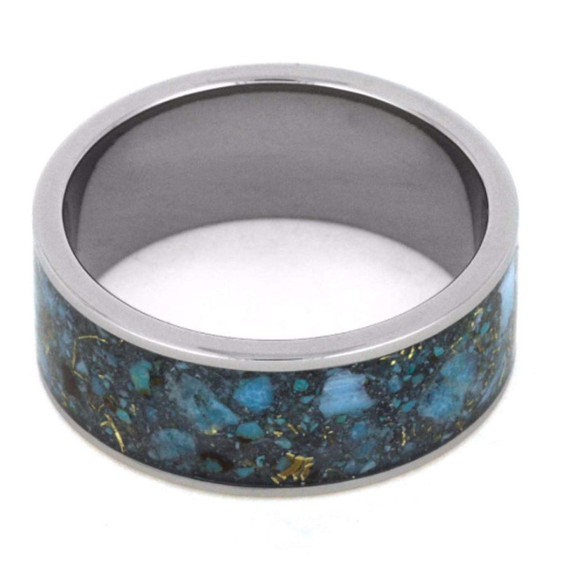 Crushed Turquoise and 14k Yellow Gold Inlay 10mm Comfort-Fit Titanium Wedding Band